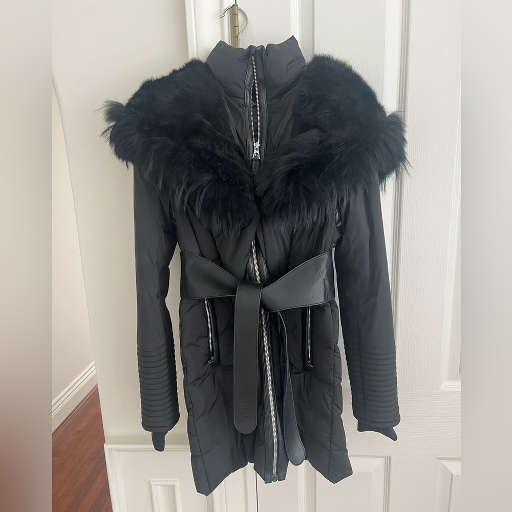 RUDSAK Black Puffer Coat with Fur Trim and Leather Belted Waist - Picture 1 of 4